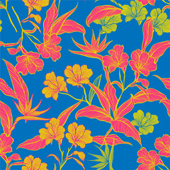 Colorful contrast Floral seamless pattern with yellow and pink  botanical flowers. vector illustration.