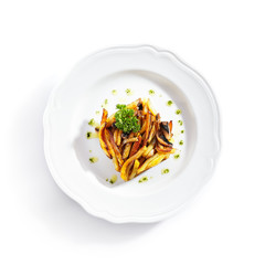 Fried Potatoes with Mushrooms on a Restaurant Plate Isolated
