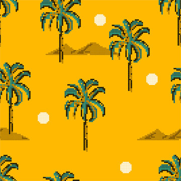 Retro Palm trees and island mountain pixle  in vector illustration. Design for fashion , fabric, web ,wallpaper, wrapping  and all prints