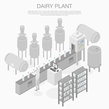 Dairy plant concept banner. Isometric illustration of dairy plant vector concept banner for web design