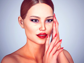 Beauty Woman face Portrait. Beautiful model Girl with Perfect Fresh Clean Skin color 3D Illustration