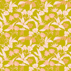 Beautiful  Seamless pattern line botanic flowers and plants in the garden sweet mood Vector illustration.Design for fashion web, wallpaper, wrapping , fabric and all prints