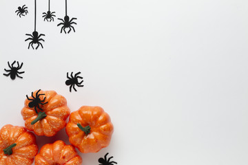 Halloween pumpkins and spiders with copy space