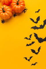 Halloween pumpkins and bats with orange background