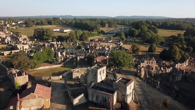 Aerial view of the Oradour Sur Glane war memorial. Hundreds of civillians were massacred by the German SS during world war 2.
Crane tilt of the church.