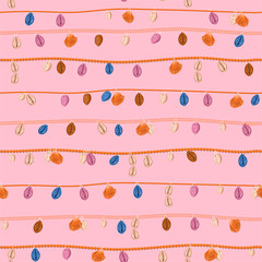 Colorful necklace with gold chain and pearl,summer shell ,jewelry decoration seamless pattern in vector horizontal stripe Design for fashion , fabric, web,wrapping ,wallpaper