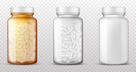 Transparent plastic, brown amber glass bottles for medicines, empty, full of pills or dragee vials closed with cap isolated 3d realistic vector illustrations. Pharmaceutical product packaging mockup