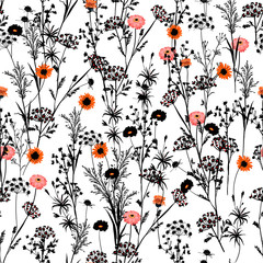 Stylish black and white silhouette of  Hand drawn meadow Floral with spot of red and orange blooming flowers pattern. Seamless vector texture.