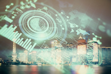 Double exposure of business theme hologram drawing and city veiw background. Concept of success.