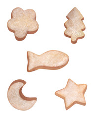 Collection with cute homemade cookies. Beautiful delicate acrylic drawing. Cozy baking isolated on a white background. Gingerbread cookies of different shapes. Set of elements for design.