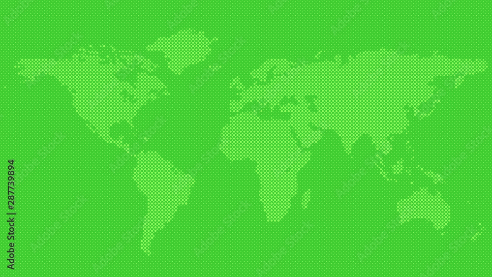 Poster halftone circle pattern world map background - green vector graphic
