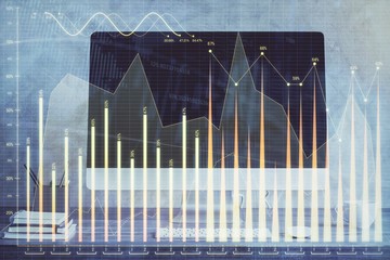 Forex market chart hologram and personal computer background. Multi exposure. Concept of investment.