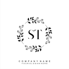 letter ST surrounded by beautiful and elegant flowers and leaves. Wedding monogram logo template. Fashion Logo template Vectors,