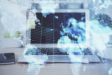 Multi exposure of business theme icons and table with computer background. Concept of success.