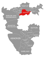 Unstone red highlighted in map of North East Derbyshire district in East Midlands England UK