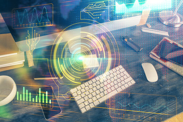 Technology theme drawing and table with computer. Double exposure. Concept of information.