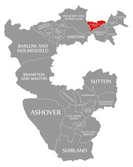 Eckington North red highlighted in map of North East Derbyshire district in East Midlands England UK