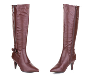 Classic brown red yellow sandy glossy leather high knee ankle heels female boots. Two isolated