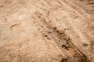 Tracks of car tires on a wet, swampy road with brown water. Country dirt road with paddles after rain