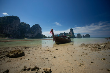 Traditional longtail boat on Tonsai beach, Thailand.