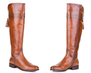 Classic brown red yellow sandy glossy leather high knee flat heels female boots. Two isolated