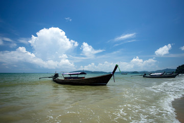 Ao Nang Beach with traditional longtail boats, Krabi, Thailand.