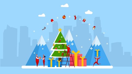 Website or landing page of Happy Christmas Moment with Tiny People Character Concept Vector Illustration, Suitable For web landing page,Wallpaper, Background, Card, banner,Book Illustration