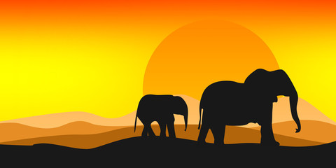 Fototapeta na wymiar Black silhouette of elephant with bright sun