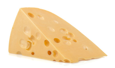 Slice of tasty Maasdam cheese with large holes on a white isolated background. close-up