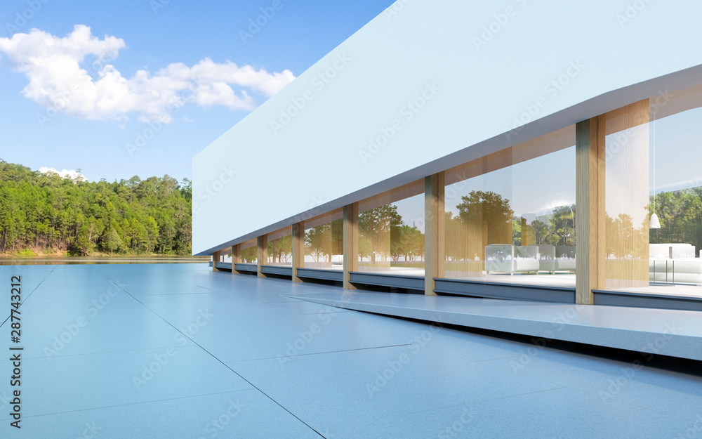 Aufkleber perspective of white modern luxury house with green lawn yard in day time on tree background, idea o