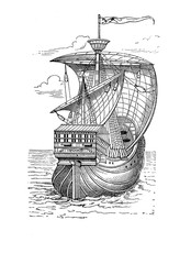 The Santa Maria Columbus' flagship,a medium-sized nau similar to caravel with castle, single deck and three small masts - obrazy, fototapety, plakaty
