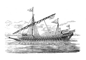 Turkish galley ship  with long, slender hull and shallow draft  propelled by rowing, 16th century © acrogame