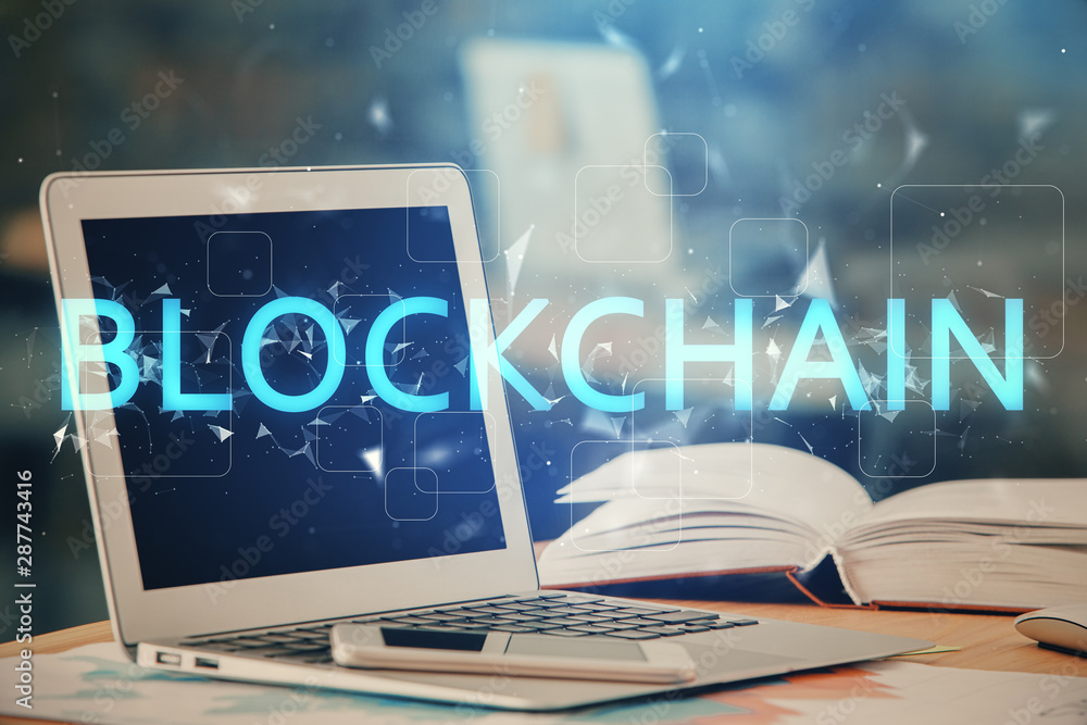Poster double exposure of blockchain and crypto economy theme hologram and table with computer background. 