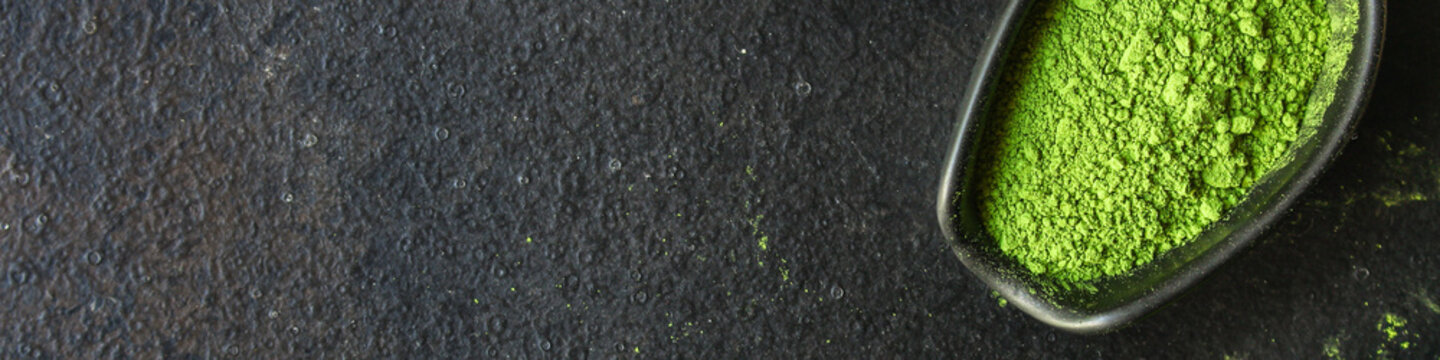 matcha - green tea powder, food supplement, menu concept. food background. copy space