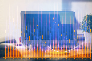 Financial market graph hologram and personal computer on background. Multi exposure. Concept of forex.