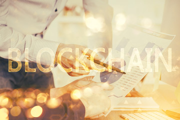 Businessman with hands background. Crypto currency concept.