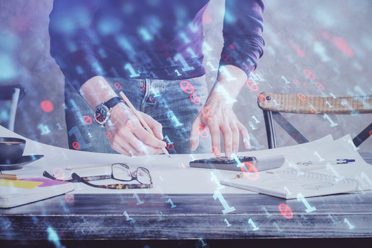 Man hands with data theme double exposure icons.