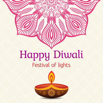 Greeting card for Diwali festival with diwali oil lamp and mandala.