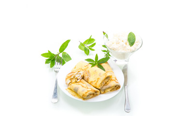 sweet fried thin pancakes with cottage cheese inside