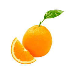 fresh orange fruit green leaf and slice cut half piece isolated on white background with clipping path