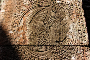 Bas reliefs at Banteay Kdei Temple in Angkor in Cambodia. The temple was constructed in the late 12th and early 13th century.
