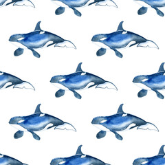 killer whale watercolor hand painted seamless pattern. Sea background.