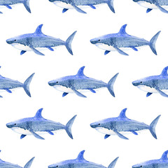 Shark watercolor hand painted seamless pattern. Sea background.