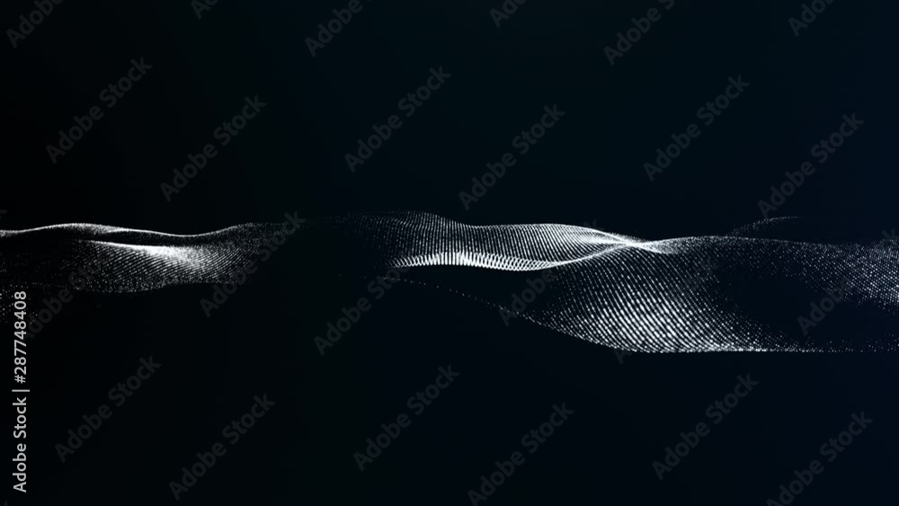 Poster Futuristic mysterious digitally generated motion graphic particles wave flowing abstract in cyber space technology de-focus background