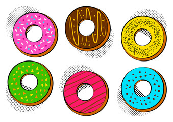 Colorful different sweet glazed donuts with halftone shadow in pop art style. Vector illustration