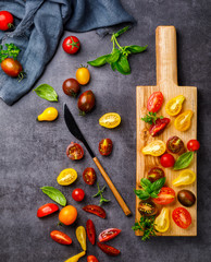 Cherry tomatoes. Summer variety of healthy vegetable colors. Food for Vegetarian.