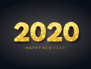Happy New Year 2020 background with gold confetti, glitter, sparkles and stars. Glitter golden numbers with confetti and ribbons. Luxury bright festive design for greeting card. Vector illustration