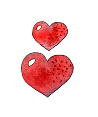 Children's watercolor set. Two red hearts big and small