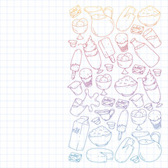 Milk, butter, cottage cheese, sour cream, cheese, yogurt, ice cream, cream. Vector pattern. Collection of dairy products.