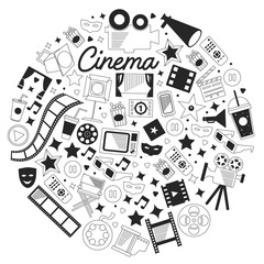 Vector pattern with cinema icons. Movie Theater, TV, popcorn, video clips, musical